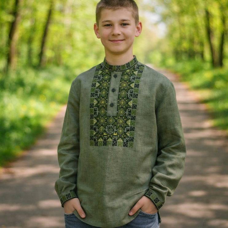 Boys Ukrainian Vyshyvanka Shirt – Green Linen Embroidered Shirt