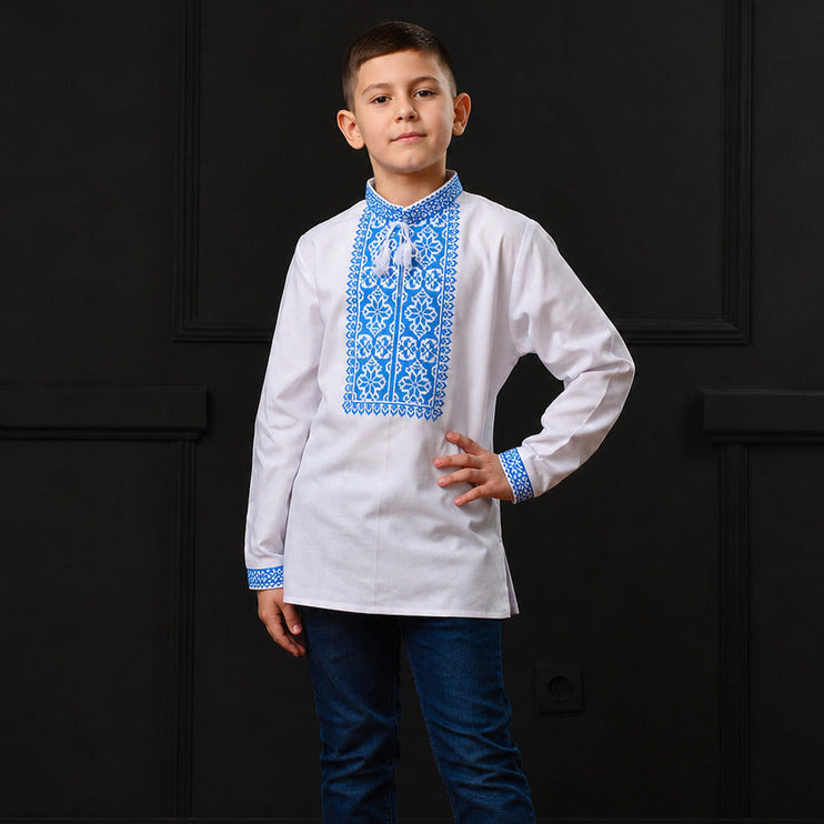 Boy’s Ukrainian Vyshyvanka Shirt White with Blue Embroidery