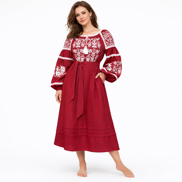 Burgundy Linen Ukrainian Embroidered Dress – Vyshyvanka