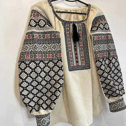 Women's Ukrainian Embroidered Blouse with Black Geometric Pattern