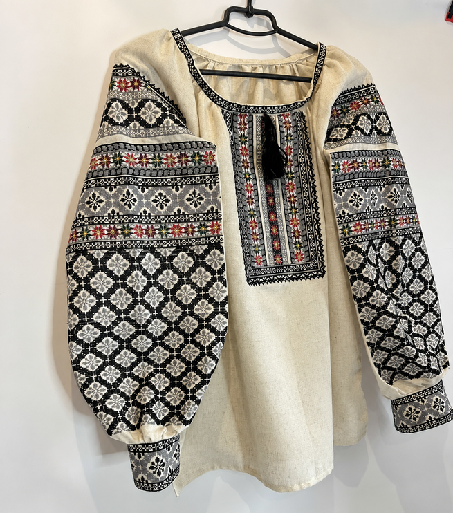Women's Ukrainian Embroidered Blouse with Black Geometric Pattern
