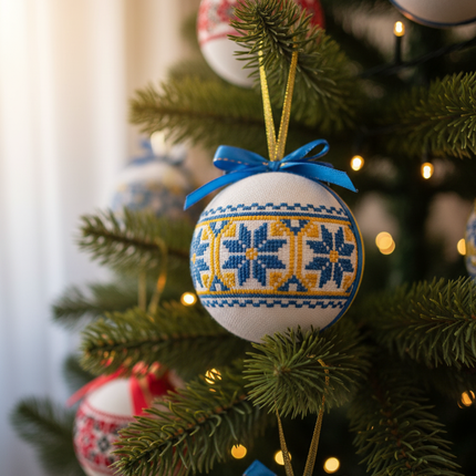 Decorative Christmas ornament with blue and yellow pattern on a tree