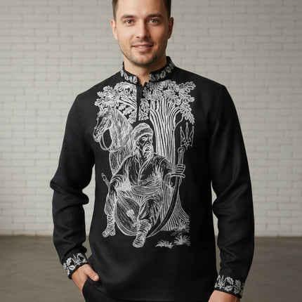 Designer Ukrainian Vyshyvanka for Men – Black Embroidered Shirt with Cossack Design