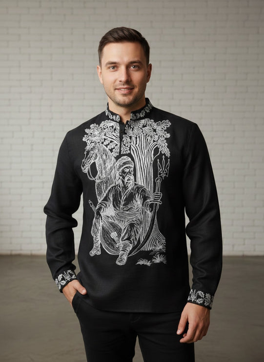 Designer Ukrainian Vyshyvanka for Men – Black Embroidered Shirt with Cossack Design