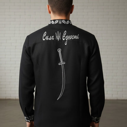 Designer Ukrainian Vyshyvanka for Men – Black Embroidered Shirt with Cossack Design