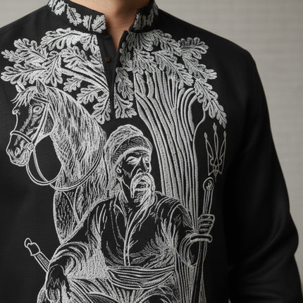 Designer Ukrainian Vyshyvanka for Men – Black Embroidered Shirt with Cossack Design