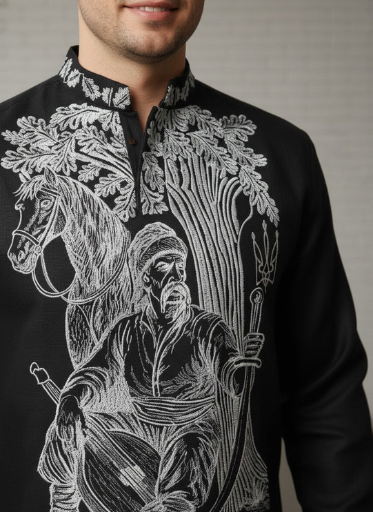 Designer Ukrainian Vyshyvanka for Men – Black Embroidered Shirt with Cossack Design