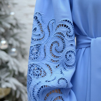 Dress Blue Linen with Richelieu Embroidery