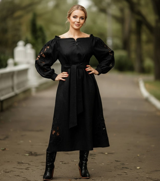 Elegant Black Linen Dress with Richelieu Embroidery