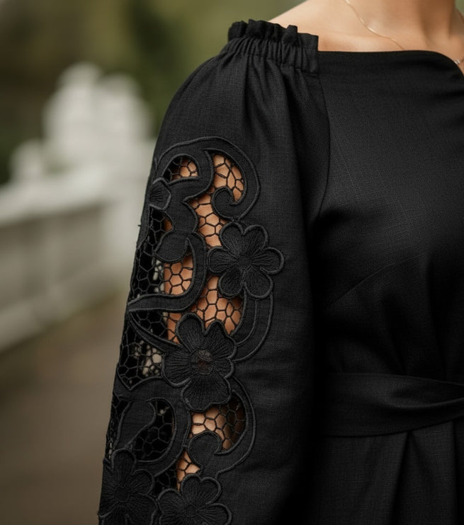 Elegant Black Linen Dress with Richelieu Embroidery