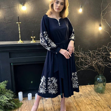 Elegant Ukrainian linen dress with embroidery