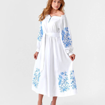Elegant Ukrainian linen dress with embroidery