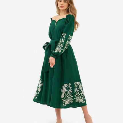 Elegant Ukrainian linen dress with embroidery