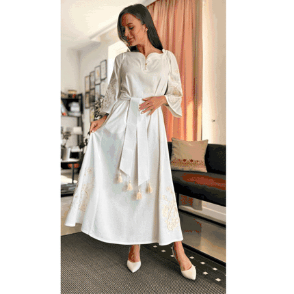 Elegant Ukrainian linen dress with embroidery