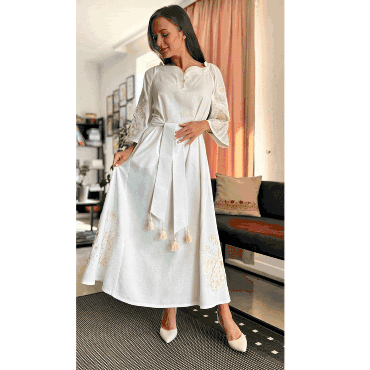 Elegant Ukrainian linen dress with embroidery