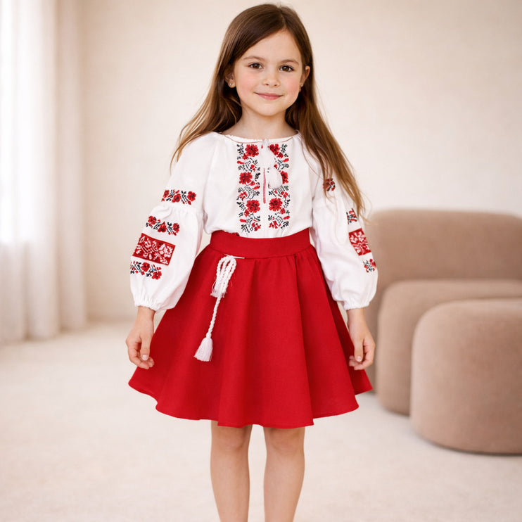 Embroidered Ukrainian Dress for Girls – Red Floral Vyshyvanka with Traditional Folk Design
