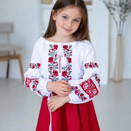 Embroidered Ukrainian Dress for Girls – Red Floral Vyshyvanka with Traditional Folk Design