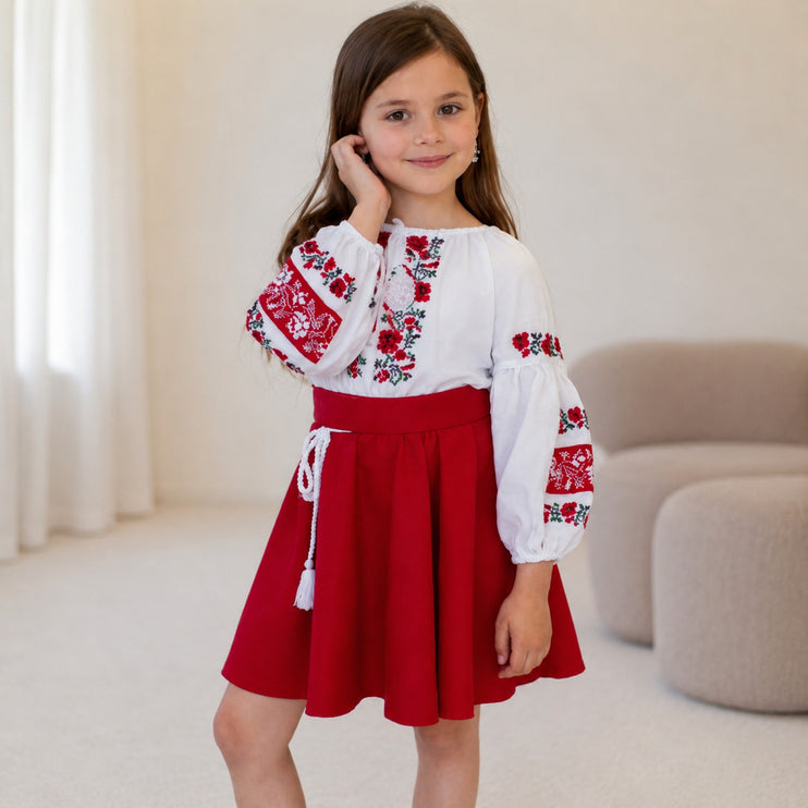 Embroidered Ukrainian Dress for Girls – Red Floral Vyshyvanka with Traditional Folk Design