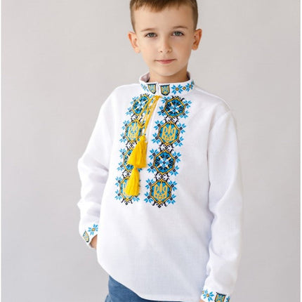 A boy wearing a white embroidered shirt with the Ukrainian coat of arms, featuring blue and yellow embroidery, a yellow tassel on the collar, and the shirt is complemented by decorative tassels on the collar and cuffs.