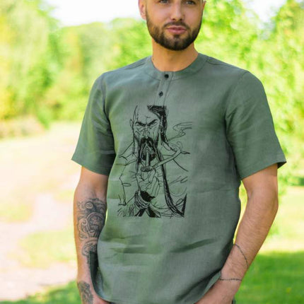 Embroidered men's flax shirt with Cossack design