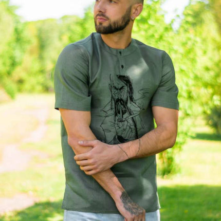 Embroidered men's flax shirt with Cossack design