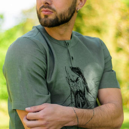 Embroidered men's flax shirt with Cossack design