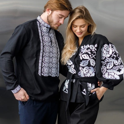 Embroidered women's blouse with a waist belt and button-down style