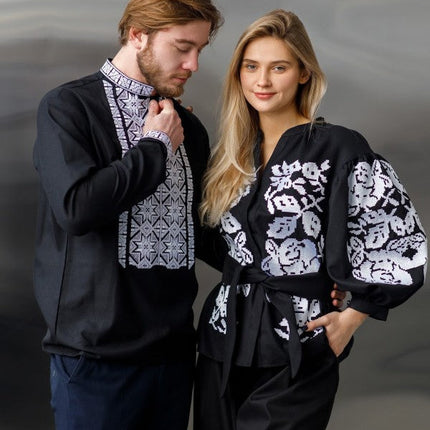 Embroidered women's blouse with a waist belt and button-down style