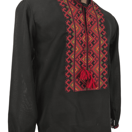 Men's embroidered jacket of black color with Harmony ornament with blue and red ornament