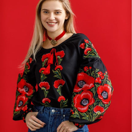 Female embroidered blouse with poppies