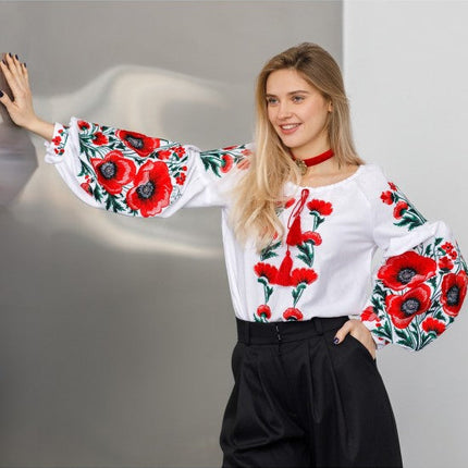 Female embroidered blouse with poppies