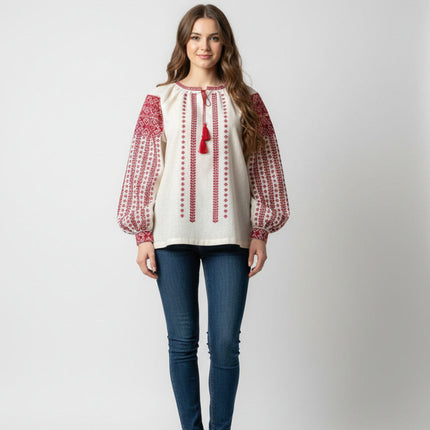 Ukrainian Linen Vyshyvanka with Red Embroidery