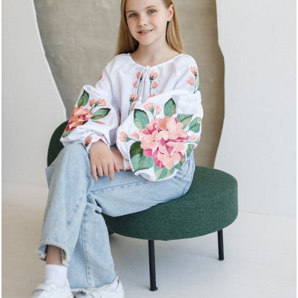 Girl's embroidered blouse with hydrangeas