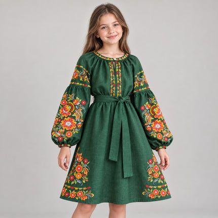 Girls Green Ukrainian Vyshyvanka Dress with Petrykivka Embroidery