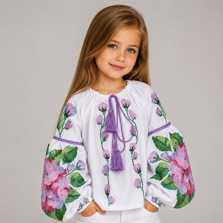 Girls Ukrainian Embroidered Blouse Hydrangea Floral Vyshyvanka
