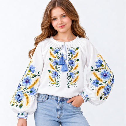 Girls Ukrainian Embroidered Vyshyvanka Blouse – Blue Floral Design