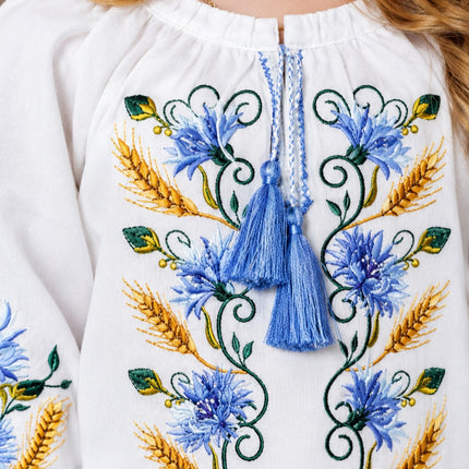 Girls Ukrainian Embroidered Vyshyvanka Blouse – Blue Floral Design