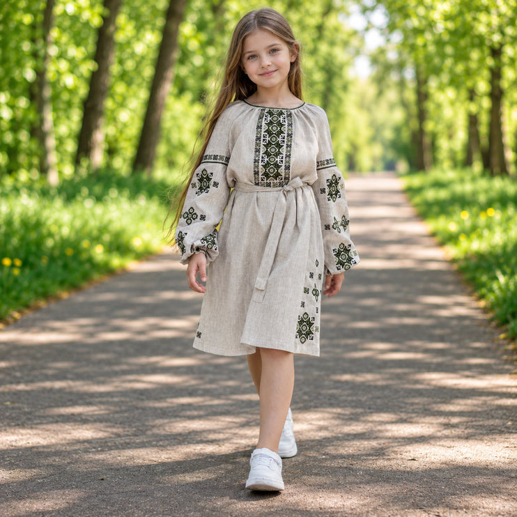 Girls Ukrainian Linen Embroidered Dress with Green Geometric Pattern