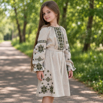 Girls Ukrainian Linen Embroidered Dress with Green Geometric Pattern