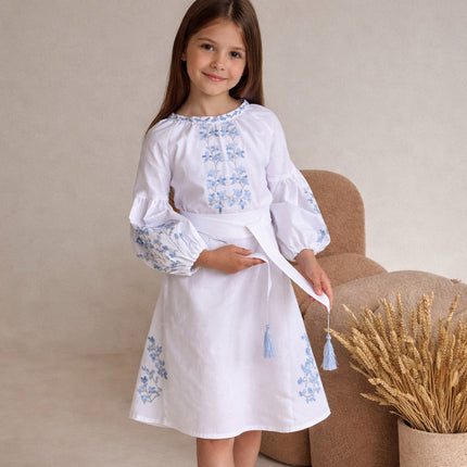 Girls Ukrainian Vyshyvanka Dress – White Embroidered Dress with Blue Floral Design