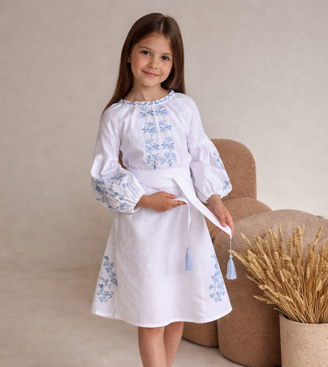 Girls Ukrainian Vyshyvanka Dress – White Embroidered Dress with Blue Floral Design