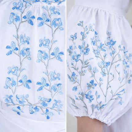 Girls Ukrainian Vyshyvanka Dress – White Embroidered Dress with Blue Floral Design
