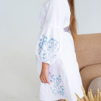 Girls Ukrainian Vyshyvanka Dress – White Embroidered Dress with Blue Floral Design