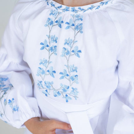 Girls Ukrainian Vyshyvanka Dress – White Embroidered Dress with Blue Floral Design