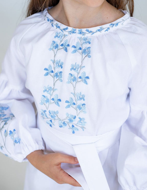 Girls Ukrainian Vyshyvanka Dress – White Embroidered Dress with Blue Floral Design