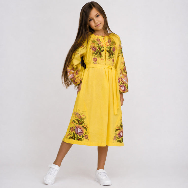 Girls Yellow Ukrainian Embroidered Dress with Floral Design