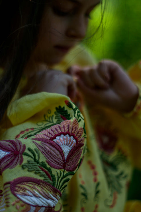 Girls Yellow Ukrainian Embroidered Dress with Floral Design