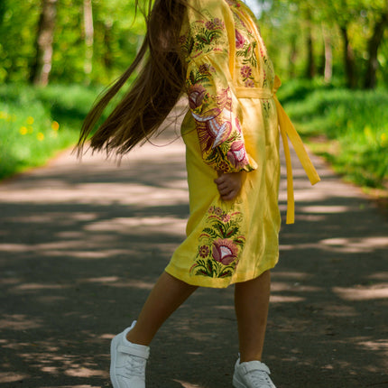 Girls Yellow Ukrainian Embroidered Dress with Floral Design