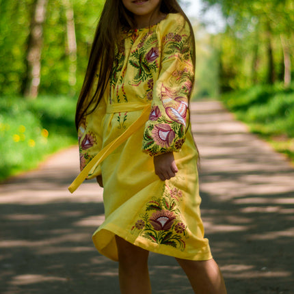 Girls Yellow Ukrainian Embroidered Dress with Floral Design