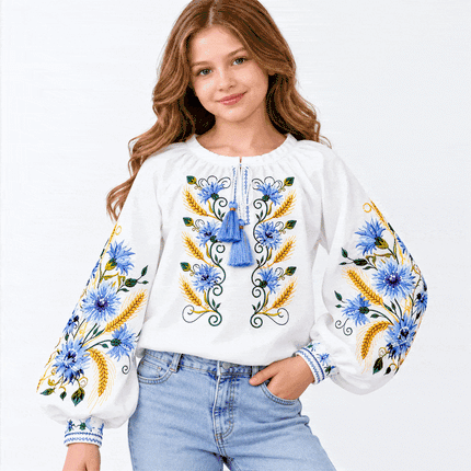 Girls Ukrainian Embroidered Vyshyvanka Blouse – Blue Floral Design